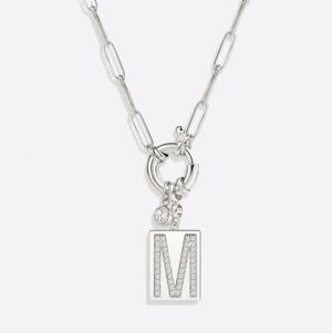 Silver Pave Initial Pendant Necklace with Paperclip Chain Letter "M"